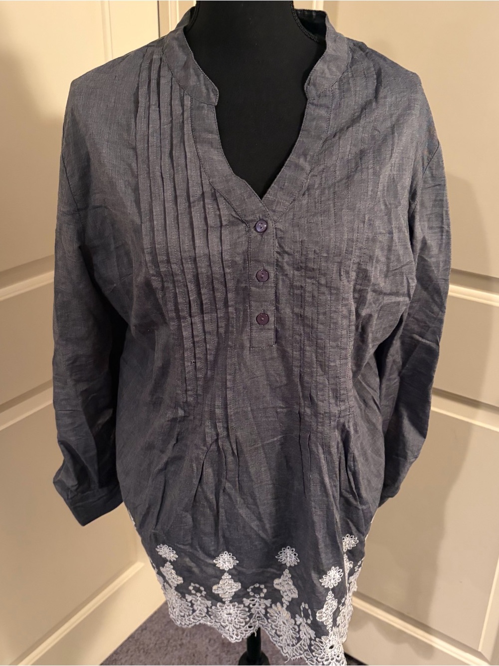 Style & Co. Navy Pintuck Tunic with White Lace Trim